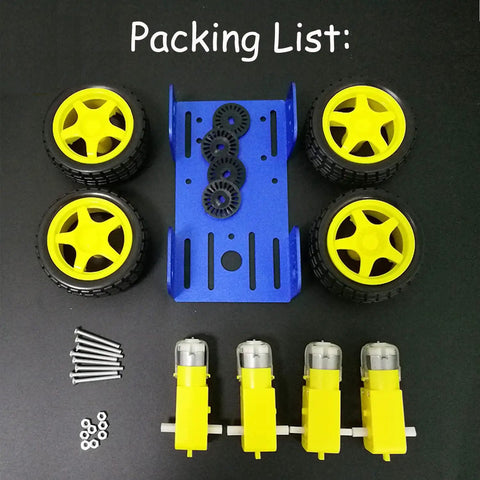 Four Wheel Drive Robot Car Chassis Kit With Metal Frame And Four TT Encoder DC Motors For Arduino Raspberry Pi Microbit DIY Remote Control Mobile Robotic Platform For Maker Education And Hands On Projects, featuring metal frame, tires, and motors.