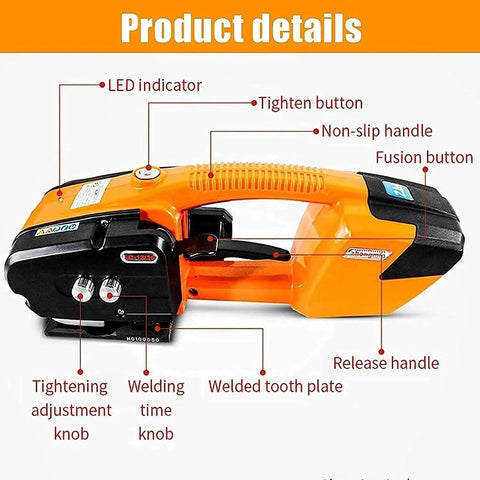 Heavy Duty Automatic Strapping Tool, Rechargeable Battery Powered Packaging Machine close-up showing buttons and LED indicator.