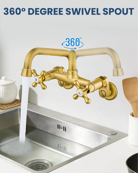 Wall Mount Kitchen Faucet with 6 Inch Spout Dual Handles Hot And Cold Water Mixer Tap 360 Degree Swivel Antique Brass Finish