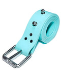 Silicone Dive Weight Belt 54 Inches With Detachable Stainless Steel Fastening Studs Adjustable 138 Cm Strap For Freediving And Spearfishing Aqua Blue Gear, rolled and close-up of buckle and studs.
