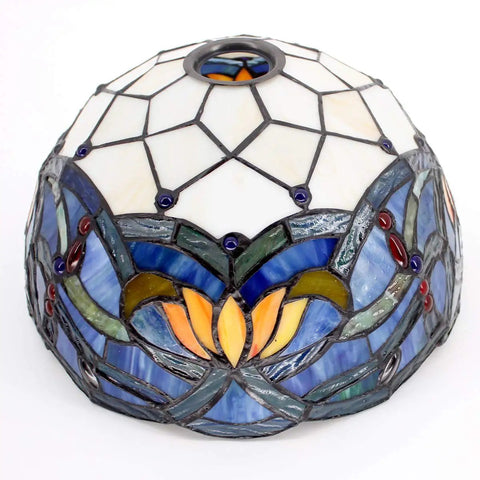 Stained glass shade of Blue Lotus Tiffany Floor Lamp with blue lotus motif, designed for 12 inch wide torchiere lamp, intricate pattern.