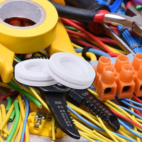 Four Piece White Synthetic Rubber Grommet Kit With High Elasticity And Easy Installation, Cable Protector And Waterproof Wire Gasket For Automotive Wiring And Electrical Wire Protection white rubber grommets beside wiring tools
