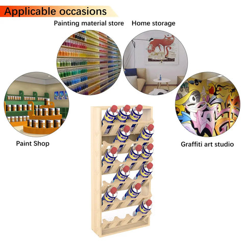 Wall Mounted 24 Can Spray Paint Holder, 6 Tier Wooden Aerosol Organizer Rack displayed with paint cans in various settings.
