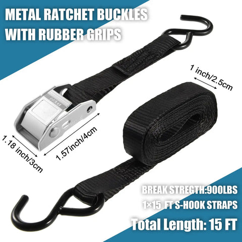 Set Of 16 Heavy Duty Cambuckle Tie Down Straps With S Hooks, 1763 Lb Break Strength, 1 Inch Wide By 15 Feet Long, close view