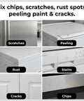 Image showing appliances with issues like scratches, peeling, rust, stains, cracks, and chips, fixed by High Gloss White Touch Up Paint For Porcelain And Appliances, Fast Fix For Fridges, Microwaves, Dishwashers, Dryers, Tiles And Metal Surfaces, Covers Chips Scratches Stains And Cracks, 1 Fl Oz.