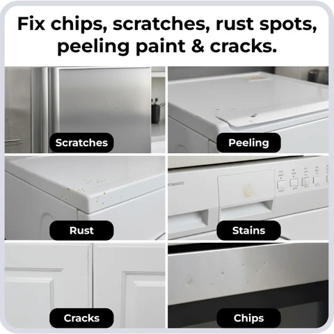 Image showing appliances with issues like scratches, peeling, rust, stains, cracks, and chips, fixed by High Gloss White Touch Up Paint For Porcelain And Appliances, Fast Fix For Fridges, Microwaves, Dishwashers, Dryers, Tiles And Metal Surfaces, Covers Chips Scratches Stains And Cracks, 1 Fl Oz.