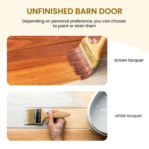 Unfinished barn door showing options for brown and white lacquer finishes on 36 Inch By 84 Inch Sliding Barn Wood Door Pre Drilled DIY Ready