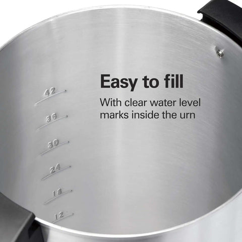 Interior view showing water level marks of the Party Ready 45 Cup Coffee Urn And Hot Beverage Dispenser With Fast One Minute Per Cup Brew Crowd Friendly For Parties And Family Reunions Easy Two Way Serving Sleek Silver Finish.