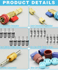 31Pcs R134A Valve Core Quick Remover And Installer Tool Set for AC Refrigerant with connectors, valve cores, and caps.