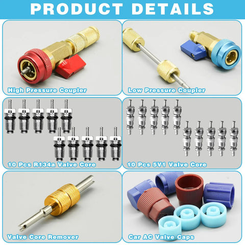 31Pcs R134A Valve Core Quick Remover And Installer Tool Set for AC Refrigerant with connectors, valve cores, and caps.