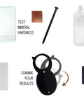 Rock And Mineral Identification Kit With 7 Tools For Quick Rock And Mineral Testing Streak Plate Glass Plate Dropper Bottle Magnet Nail Copper Square And Retractable Hand Lens Field Ready For Geology Classrooms displayed