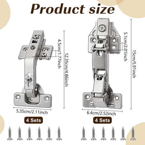 8 Pack Corner Cabinet Hinges With 135 Degree And 165 Degree Soft Close, sizes and screws displayed
