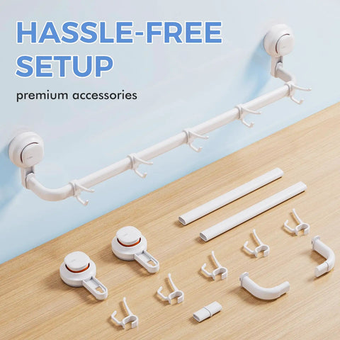 Suction Cup Towel Bar 24 Inch Adjustable No Drill Removable Wall Mounted Towel Rack With 5 Sliding Hooks Easy Install Holds Up To 11 Lb 5 Kg White
