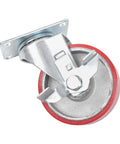 Kickass 4 Inch Caster Wheels 4 Pack With Locking Brakes, Heavy Duty Polyurethane Swivel Casters showing a close-up view of a single caster with a red wheel.