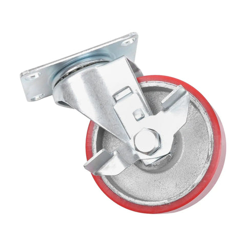 Kickass 4 Inch Caster Wheels 4 Pack With Locking Brakes, Heavy Duty Polyurethane Swivel Casters showing a close-up view of a single caster with a red wheel.