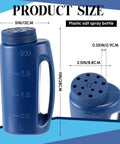 Versatile Handheld Spreader Set With Scoop And Gloves For Grass Seed Fertilizer Salt And Ice Melt No Clog Design All Season Yard Spreader With 12 Adjustable Holes And Smooth Flow Channels 67 Oz Capacity, blue plastic spreader bottle with measurements and handle.