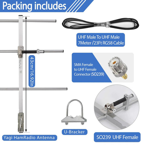 High Gain 7dBi GMRS Yagi Antenna For 70cm UHF 400-470MHz with connectors and cable, includes SO239 and U-bracket