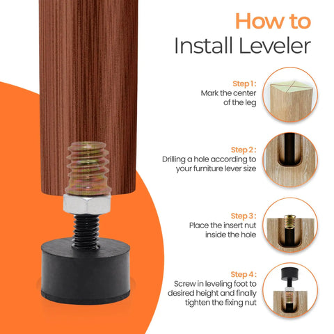 How to install Heavy Duty Rubber Furniture Levelers for stability on hardwood tile floors, showing step-by-step guidance.