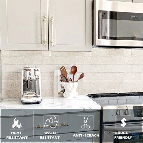 Creamy Stone Peel And Stick Backsplash Tiles For Kitchen And Bathroom Self Adhesive PVC Wall Tiles 12x12 In 0.16 In Thick
