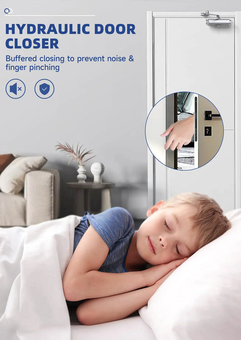 Hassle-Free Automatic Door Closer For Homes Featuring Quick Access Design, visible smooth silver finish and compact design.