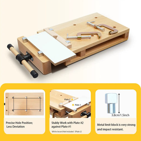 Top Shelf Beech Wood Workbench Vise With Quick Release And Lockdown Grip includes sturdy clamps and setup for precision woodworking tasks.
