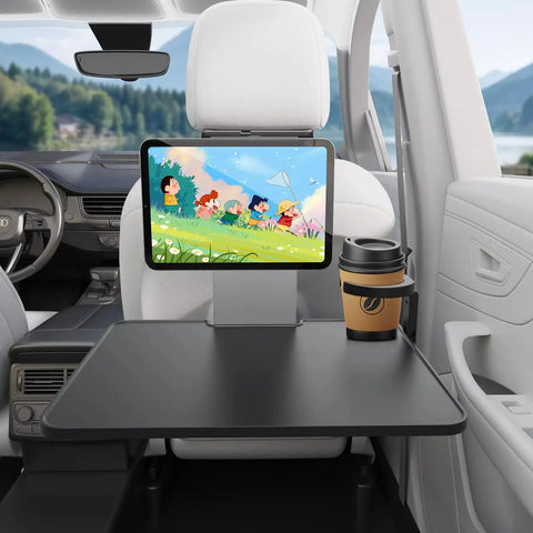 Top Shelf Foldable Car Seat Tray Desk For Tesla Cybertruck with built-in cup holder and tablet mount for road trips.