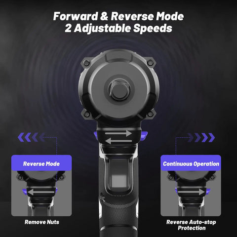 Beefy 600 Nm Half Inch Cordless Impact Wrench Kit With Two 4Ah Batteries features forward and reverse modes, blue power tool