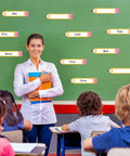 Teacher in classroom with 36 Pack Magnetic Dry Erase Name Tags 7.8 x 1.57 Inches Reusable Erasable Pencil Labels on chalkboard