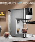 Premium Stainless Steel Espresso Machine 20 Bar With Touch Screen and Steam Wand brewing cold brew espresso with iced water.
