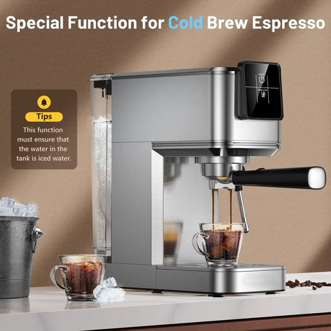 Premium Stainless Steel Espresso Machine 20 Bar With Touch Screen and Steam Wand brewing cold brew espresso with iced water.