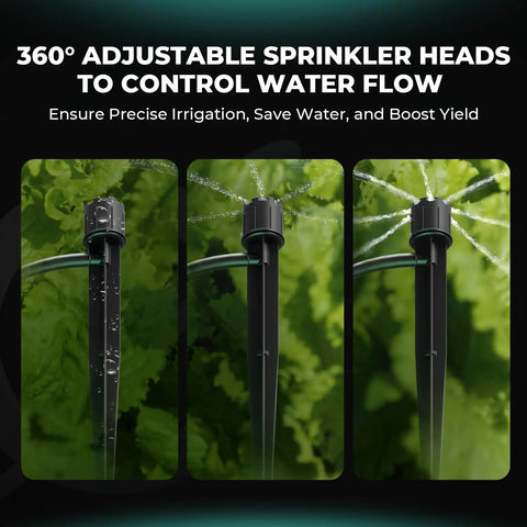 Auto Drip Irrigation Kit adjustable 360° sprinkler heads for precise indoor grow tent watering, 8 drip emitters visible