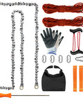 Rope Saw For Tree Limbs 55 Inch Pocket Chainsaw Kit with 70 Teeth and 46 Feet Rope, gloves, pouch, hooks, and file visible.