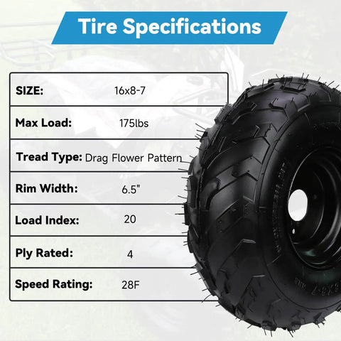Go Kart Tire With Rim 16x8-7 Replacement For Coolster 110cc 125cc 150cc ATVs And Quad Go Karts Beefy All Terrain Wheel