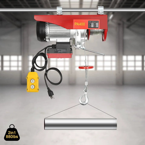 850 Watt Electric Hoist Cranes With Wired Remote For Heavy Lifts Up To 880 Lbs showcasing wired remote and lifting hook.