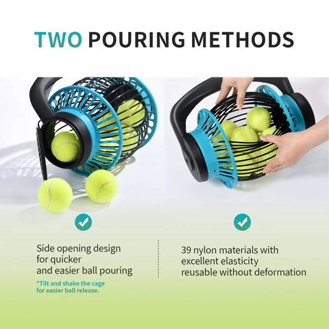 Two pouring methods for Portable Tennis Ball Hopper Roller No Bend Ball Collector with telescopic handle, yellow balls shown.