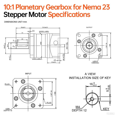 Technical diagram of 10 To 1 Planetary Gearbox For Nema 23 Stepper Motor 60 To 74 Mm Housing Backlash 15 Arcmin