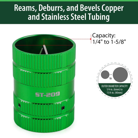 Green metal pipe reamer tool with knurled grip, capacity 1/4 in to 1-5/8 in for PVC and copper tubing.