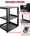Heavy Duty Open Frame Server Rack With Smooth Rollin Wheels And No Sweat Cooling Shelves For 20U IT AV Gear and Rock Solid Network Equipment Storage, adjustable height, ventilated shelves.