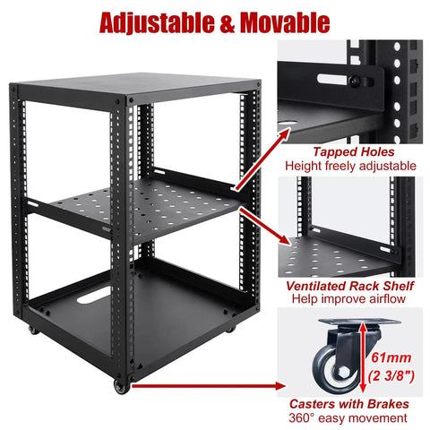Heavy Duty Open Frame Server Rack With Smooth Rollin Wheels And No Sweat Cooling Shelves For 20U IT AV Gear and Rock Solid Network Equipment Storage, adjustable height, ventilated shelves.