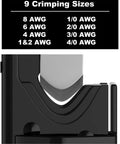 Close-up of Battery Lug Crimping Tool For 8 AWG Through 4/0 AWG Cables showing crimp sizes and spring-loaded jaws.