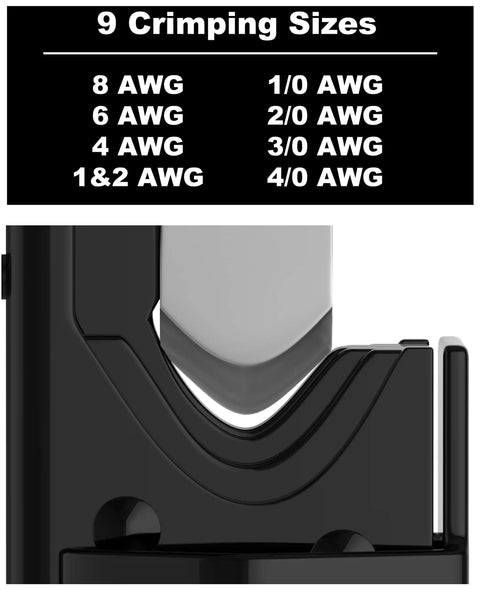 Close-up of Battery Lug Crimping Tool For 8 AWG Through 4/0 AWG Cables showing crimp sizes and spring-loaded jaws.
