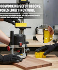 Pro Level 28 Piece Woodworking Setup Blocks With Precision Spacer Gauges For Table Saws And Routers Includes Heavy Duty Storage Crate on workbench with router