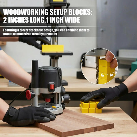 Pro Level 28 Piece Woodworking Setup Blocks With Precision Spacer Gauges For Table Saws And Routers Includes Heavy Duty Storage Crate on workbench with router