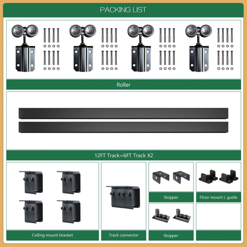 12 Foot Ceiling Mount Double Sliding Barn Door Hardware Kit For Exterior Use Beefy Box Track System Supports Up To 300 Pounds Fits Two 36 Inch Doors Hardware Only No Door Included Easy Install And Durable Steel Finish packing list with brackets, rollers, and tracks visible