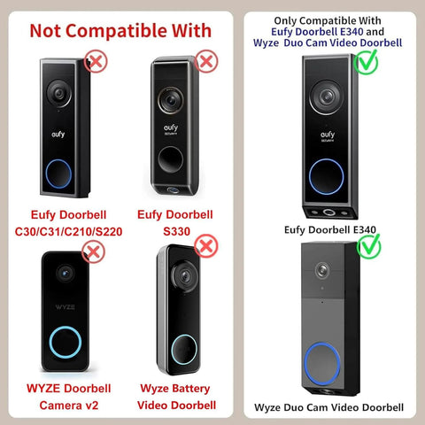 Image comparing compatible video doorbells for No Drill Anti Theft Doorbell Mount For E340 And Wyze Duo Cam Doorbell