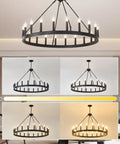 Black Wagon Wheel Chandelier 40 Inch With 20 Lights in living room, showing brightness levels from dim to full glow, farmhouse style.