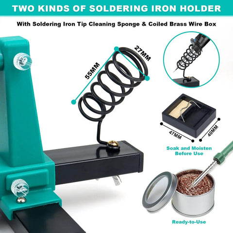 Rotatable 360 Degree Solder Holder And PCB Helping Hands Set featuring sponge and coiled brass wire for soldering tasks