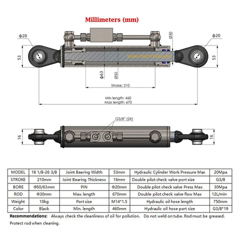 Diagram of Top Link For Cat 1-1 With Locking Block, 16 1/8-22 7/16 In, hydraulic cylinder specs and dimensions.