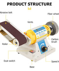 Diagram of Direct Plug 110V Belt Sander Bench 2 By 13.8 Inch Belt with labeled parts like abrasive belt, fiber wheel, and speed knob.
