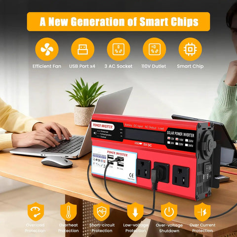 Tailgate Beast 1000W Peak Power Inverter converts 12V DC to 110V AC with 3 AC sockets and 4 USB ports on a desktop.